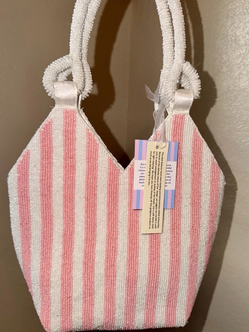 NWT Pink/White Striped Beaded Cocktail Tote Bag Tropical Summer Statement Purse - Picture 2 of 2